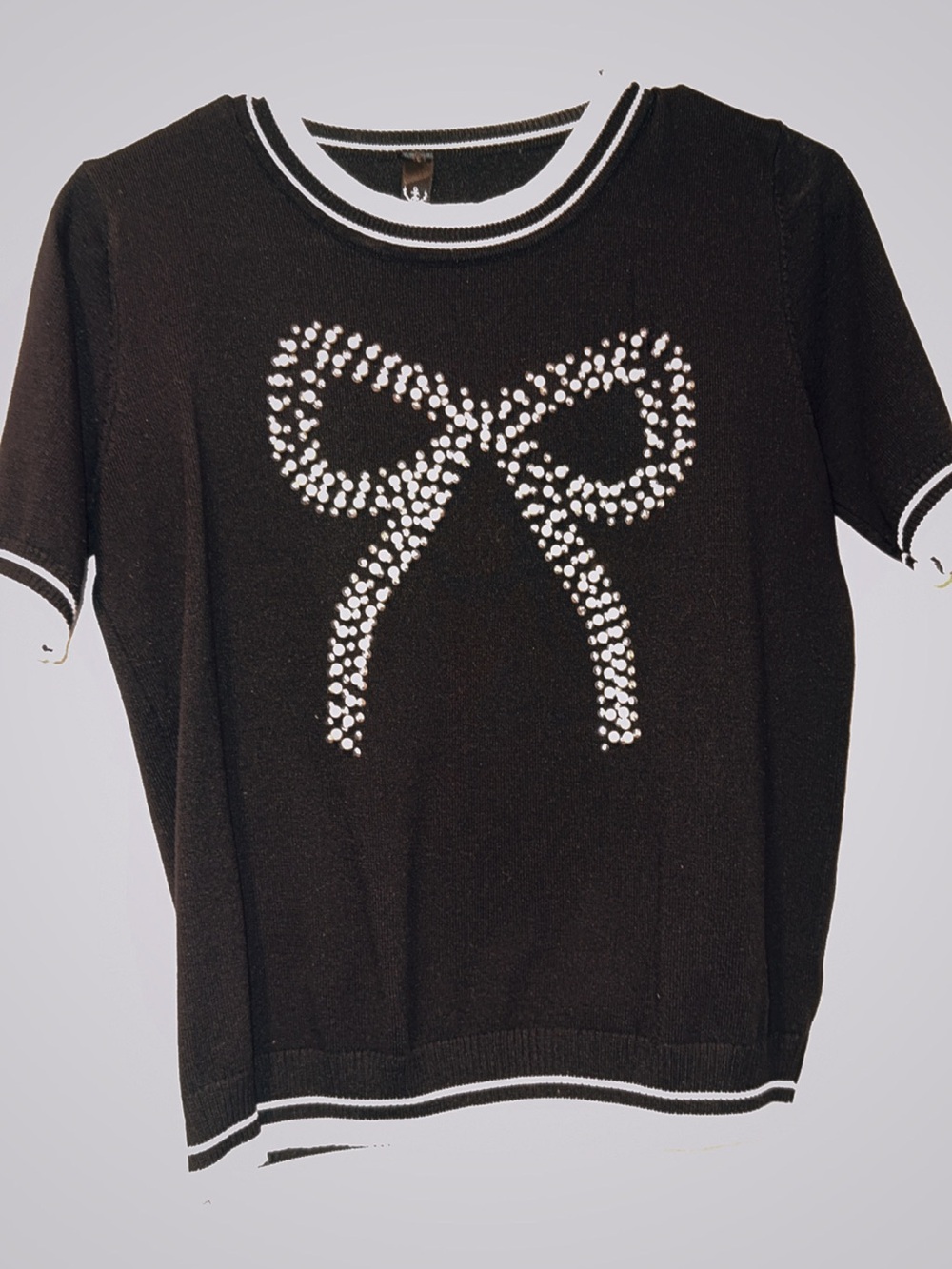 Women's Black Short-Sleeve Knit Top with Crystal Bow